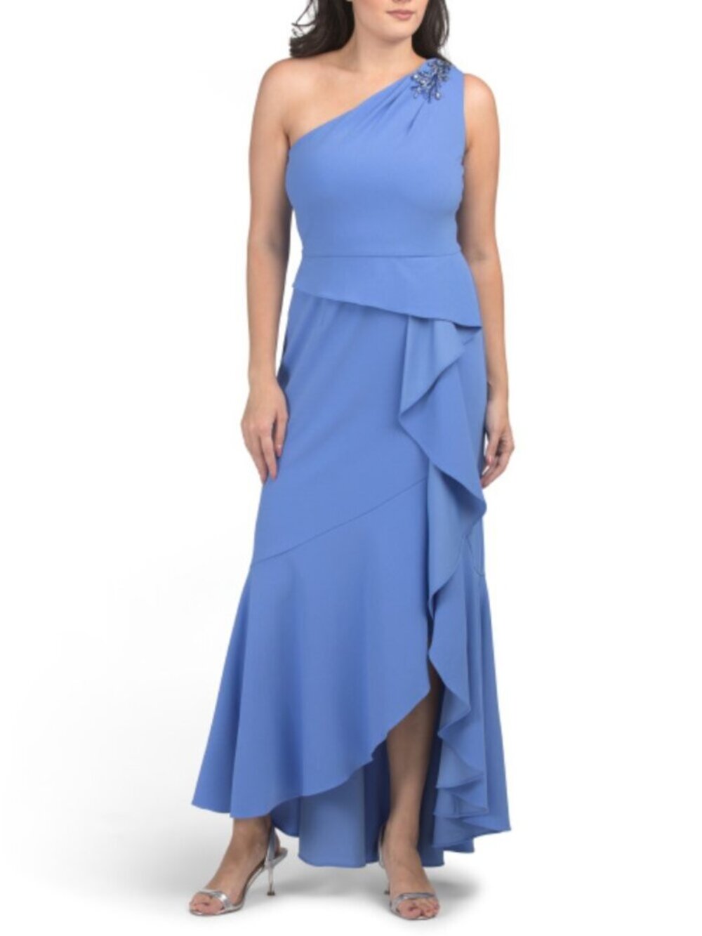ADRIANNA PAPELL One Shoulder Crepe Ruffle Gown